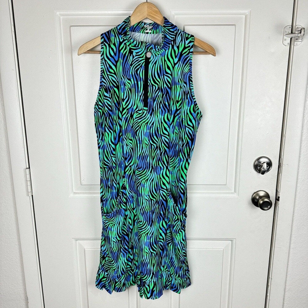 Tzu Tzu Shiloh Golf Dress Large in Green and Black Zebra Print with Pockets